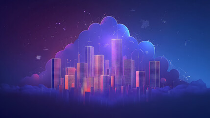 Aufkleber - cloud technology banner with low poly cityscape and binary code on dark blue background big data visualization concept with polygonal clouds