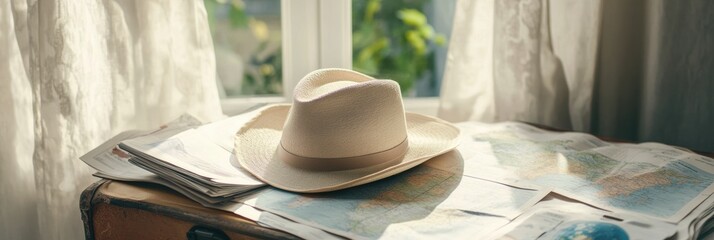Aufkleber - A travel hat rests on an open suitcase, surrounded by maps and travel guides, preparing for an exciting journey to new destinations. Generative AI