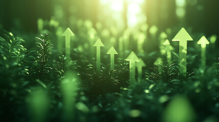 Poster - green arrows pointing upwards, symbolizing growth and progress in business or public The sunlight creates a soft glow on the scene