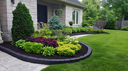 Poster - lawn and flower bed with shrubs in the backyard