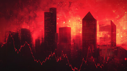 Poster - economic crisis declining graphs and red city global recession stock market crash inflation concept