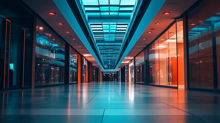 Poster - empty shopping mall with sleek and modern architecture, featuring high ceilings adorned with LED lighting that adds to the luxurious ambiance of an upscale retail complex