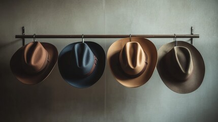 Leinwandbilder - A collection of several classic fedora hats displayed on a rack, showcasing their unique colors and designs in a chic setting. Generative AI