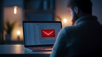 Leinwandbilder - spam email warning popup on laptop screen phishing mail alert cybersecurity concept with businesswoman working from home