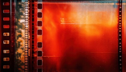 Poster - 35mm Vintage Film Strip with Dramatic Red and Orange Light Leaks, Scratches, and Grain Texture. Ideal for Retro Aesthetic Backgrounds, Analog Photography Overlays, or Cinematic Design Projects
