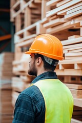 Wall Mural - Worker in safety helmet and vest organizes cardboard boxes in busy warehouse with industrial shelves