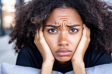 Portrait of a pensive young woman with curly hair resting on a pillow