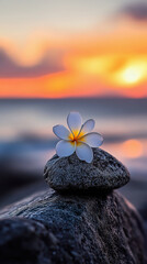 Serene plumeria flower on rocks at sunset beach