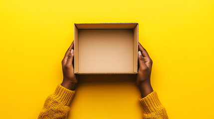 Fototapete - hands holding empty cardboard box on vibrant yellow background minimalist product photography