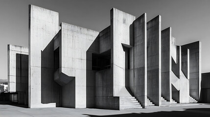 Fototapete - highcontrast black and white photo of brutalist building geometric shapes and shadows abstract architecture