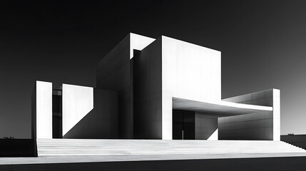 Fototapete - highcontrast black and white photo of brutalist building geometric shapes and shadows abstract architecture