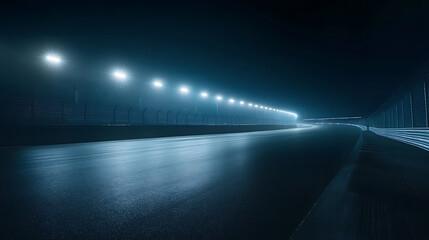 Poster - highspeed racing arena asphalt track illuminated by bright spotlights at night dramatic photography