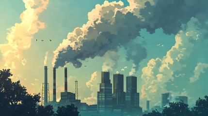 Wall Mural - industrial power plant emitting thick co2 smoke from chimney fossil fuel pollution causing global warming