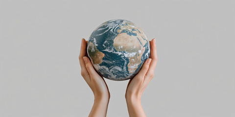 closeup of hands holding the planet earth globe sphere isolated on transparent background. nature en