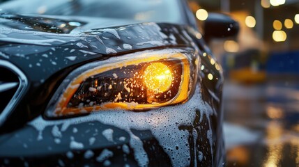 Close-up of car headlight during wash with reflections