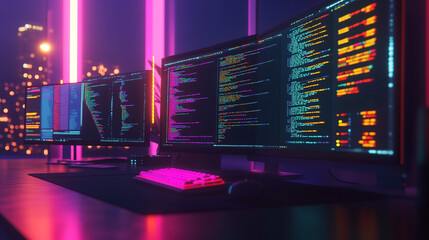 Neon Lit Computer Desk with Code on Screens