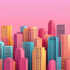 Colorful 3D city skyline with pink background.