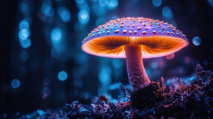 a single glowing mushroom with a blue and orange glow in a dark forest.