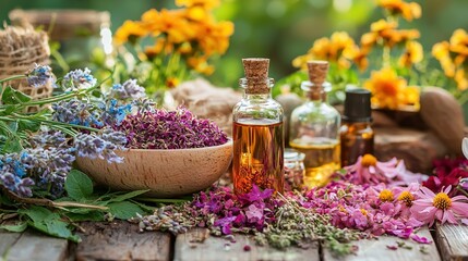 Wall Mural -   A wooden table topped with various bottles of flowers and a lavender bowl on top