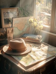 Aufkleber - A travel hat rests on an open suitcase with maps and guides, inviting a spirit of adventure in a cozy, sunlit setting. Generative AI