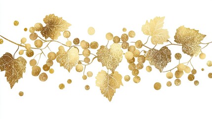 Wall Mural -   Close-up photo of leaves on a branch with gold leaf accents against a white backdrop