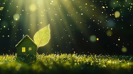 Canvas Print -   A greenhouse with a leaf sticking out of its roof amidst a field of grass