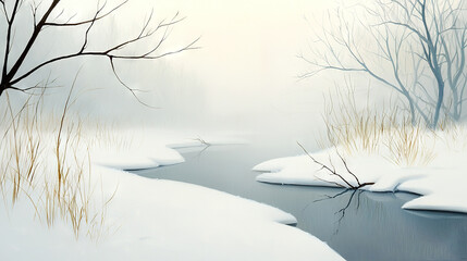 Wall Mural -  A winter landscape painting featuring a river with trees on either side