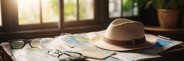 Aufkleber - A travel hat sits on an open suitcase, surrounded by colorful maps and guides, inviting exploration and discovery. Generative AI