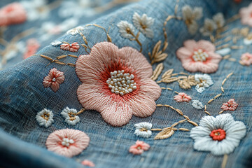 a detailed embroidery piece featuring floral designs on linen fabric.