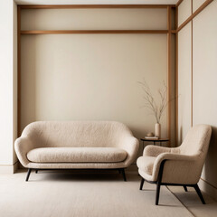 Minimalist, japandi style interior design of modern living room. Boucle sofa and accent armchair against beige wall with frame