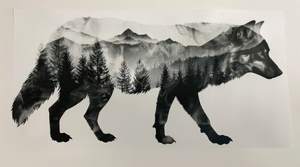 a wolf and forest trees, with mountains in the background