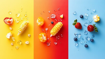 Wall Mural -   A colorful background featuring a corn on the cob, fruit, and ice cubes with water droplets