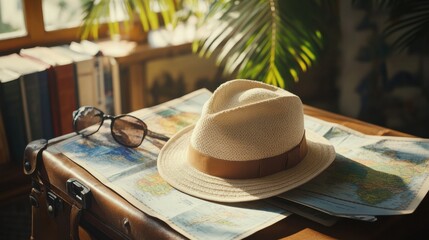 Aufkleber - A travel hat is placed on an open suitcase, surrounded by various maps and travel guides, hinting at exciting adventures ahead. Generative AI