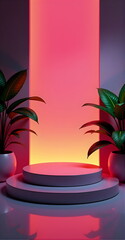 A sleek podium with a sunset gradient background, vibrant pink, orange, and purple hues, tropical plants in the corners, soft lighting, 80s retro aesthetic, luxurious and modern, scene for products.