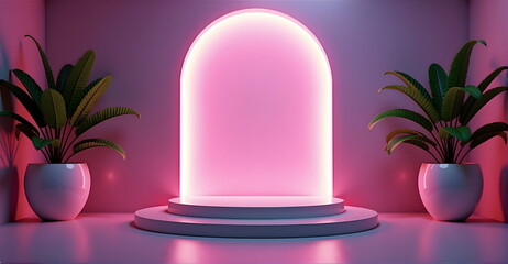 A sleek podium with a sunset gradient background, vibrant pink, orange, and purple hues, tropical plants in the corners, soft lighting, 80s retro aesthetic, luxurious and modern, scene for products.