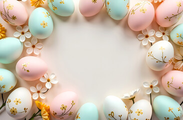 Wall Mural - easter eggs pastel background with flowers and copy space in the middle