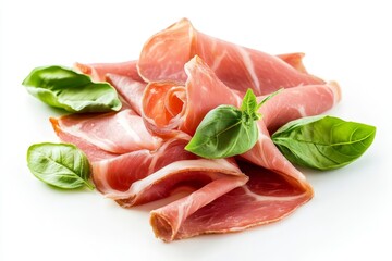 Delicious Prosciutto di Parma Slices with Fresh Basil, perfect for charcuterie boards, appetizers, and gourmet meals. Italian cuisine, cured meat, savory, delicacy, gourmet.