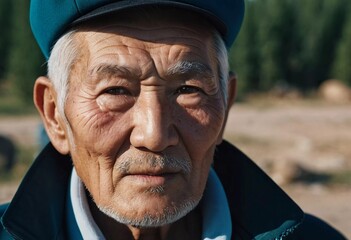 An older gentleman 75 years old gazes warmly at the camera, showcasing the lines of a life well-lived. He is dressed in a cap and coat, set against a blurred background during the day. Generative AI