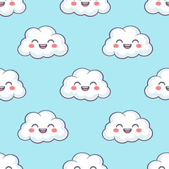 Wall Mural - white kawaii little clouds with laughing faces on blue background. vector seamless pattern.