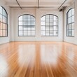 © PuiZera - Empty modern room with large windows and wood floor.
