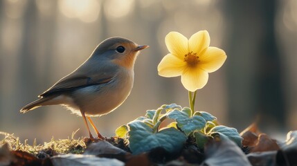 A small robin bird stands beside a vibrant yellow flower in a forest setting.