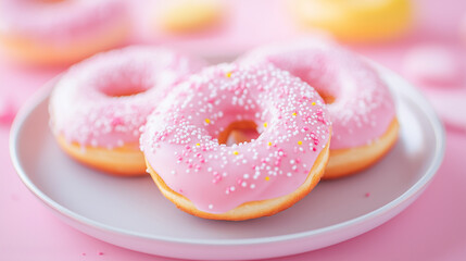 Plate of pink glazed donuts with sprinkles on pastel pink background, concept of sweet dessert, bakery, indulgence, and delicious sugary snack