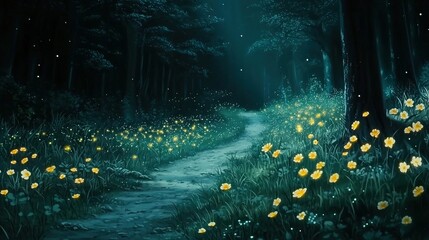 Wall Mural -   A painting of a forest path with yellow flowers and a green sky