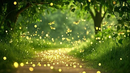 Wall Mural -   A lush green forest path illuminated by yellow lights on the grass and trees