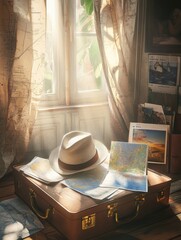 Aufkleber - A travel hat sits on an open suitcase filled with colorful maps and guides, suggesting a journey awaits in a warmly lit room. Generative AI