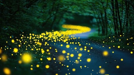 Wall Mural -   A group of fireflies along a forest road amidst tall trees