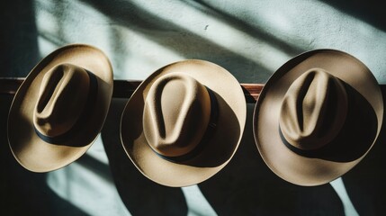 Fototapete - Three classic fedora hats rest on a wooden rack, illuminated by soft natural light that casts gentle shadows on the wall. Generative AI