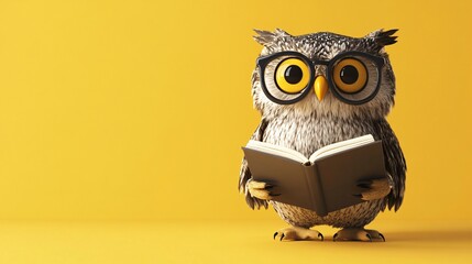 Wise Owl Reading a Book in a Yellow Studio