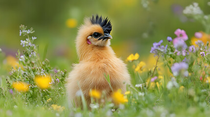 Charming Silkie Chicken Nestled in Vibrant Wildflowers in a Serene Meadow