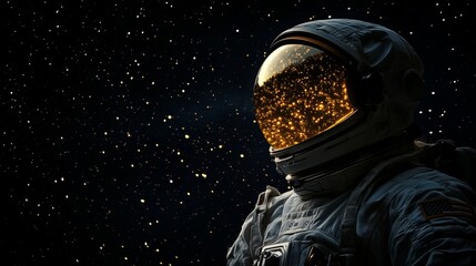 Wall Mural - A close-up of an astronaut's helmet reflecting golden sparkles against a dark, starry background